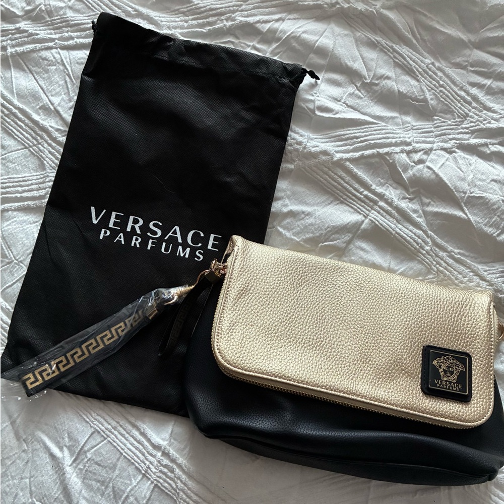 Authentic Versace Black and Gold Leather Clutch NWT